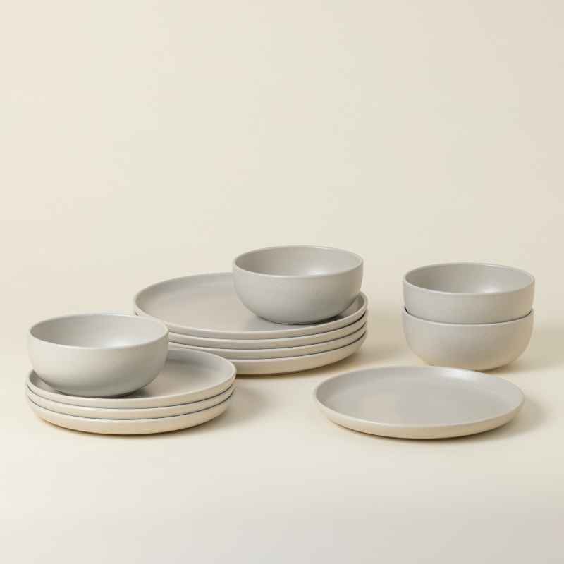 Pacifica Dinnerware with Cereal Bowls, Set of 12, Oyster Grey